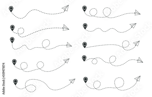 Set of dashed line paper air plane route with location icon , flat design