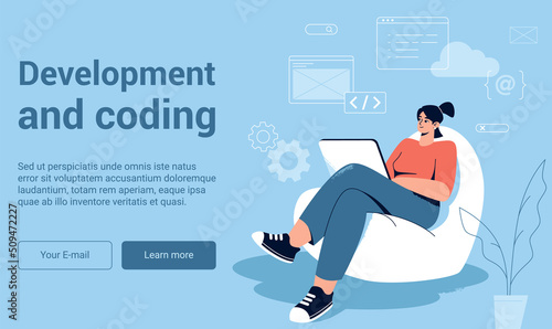 Woman is sitting in bag chair with laptop and coding. Landing banner. Vector illustration