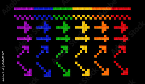 Set of arrows. Rainbow pattern. 8 bit game style. Retro