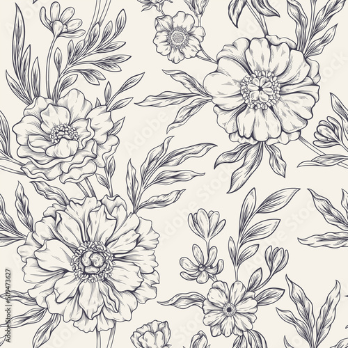 Fototapeta Naklejka Na Ścianę i Meble -  Vintage Floral Pattern concept. Beautiful seamless pattern with blossom plants, roses, peonies and branches. Design element for wallpaper, textiles and clothing. Cartoon linear vector illustration