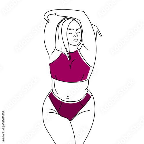 Attractive plus size woman in swimsuit or lingerie on white background vector illustration.Body positivity,health,self love and body acceptance concept.Modern healthy girl line art illustration