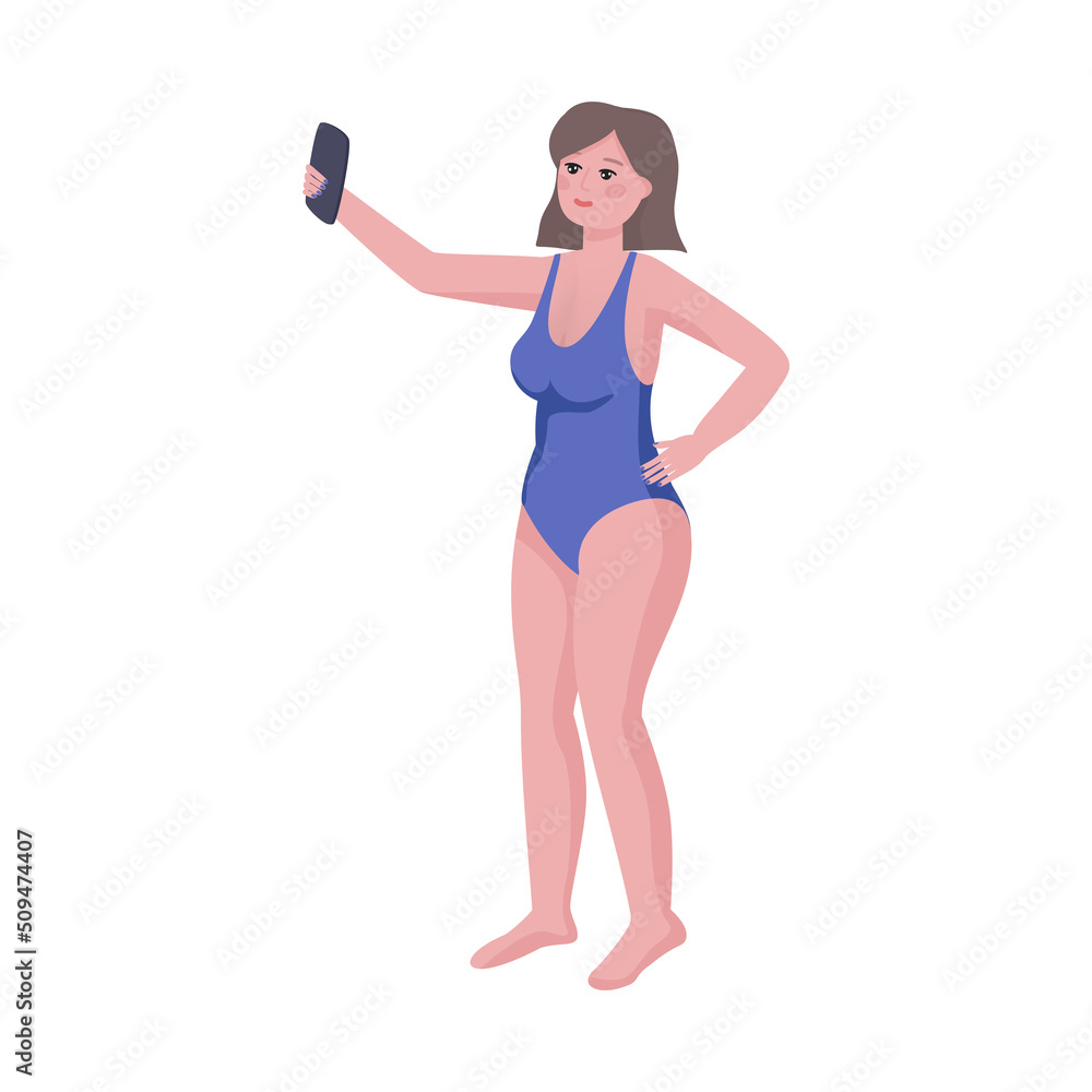 Woman in swimsuit making selfie or recording video. Hello summer, summer vacation, summer fun. Hand drawn vector illustration. Woman in swimsuit making selfie or recording video. Hello summer, summer vacation, summer fun. Hand drawn vector illustration.