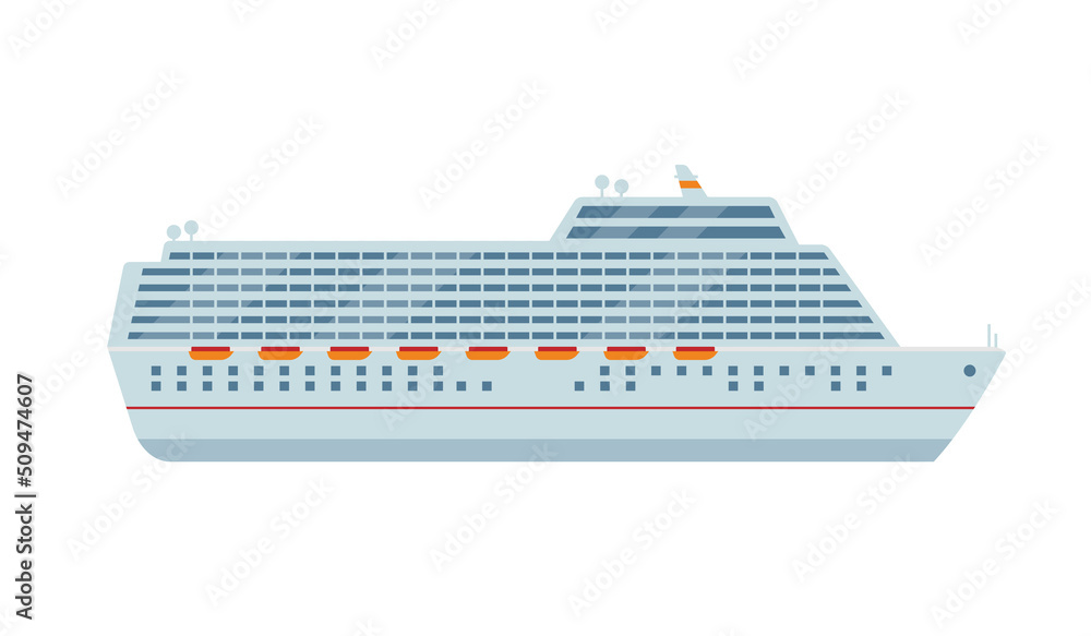 Big comfortable cruise liner ship. Sea and ocean travel transpotation. Travel agency, booking voyage tickets concept. Vector icon illustration isolated on white background.