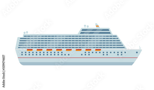 Big comfortable cruise liner ship. Sea and ocean travel transpotation. Travel agency, booking voyage tickets concept. Vector icon illustration isolated on white background.