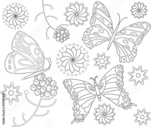 unusual flowers from the magical forest and butterflies fly over buds and flowers