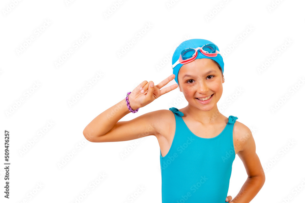 Portrait of girl with swimsuit and diving goggles for swimming lessons in the pool making the victory symbol. White background Portrait of girl with swimsuit and diving goggles for swimming lessons in the pool making the victory symbol. White background