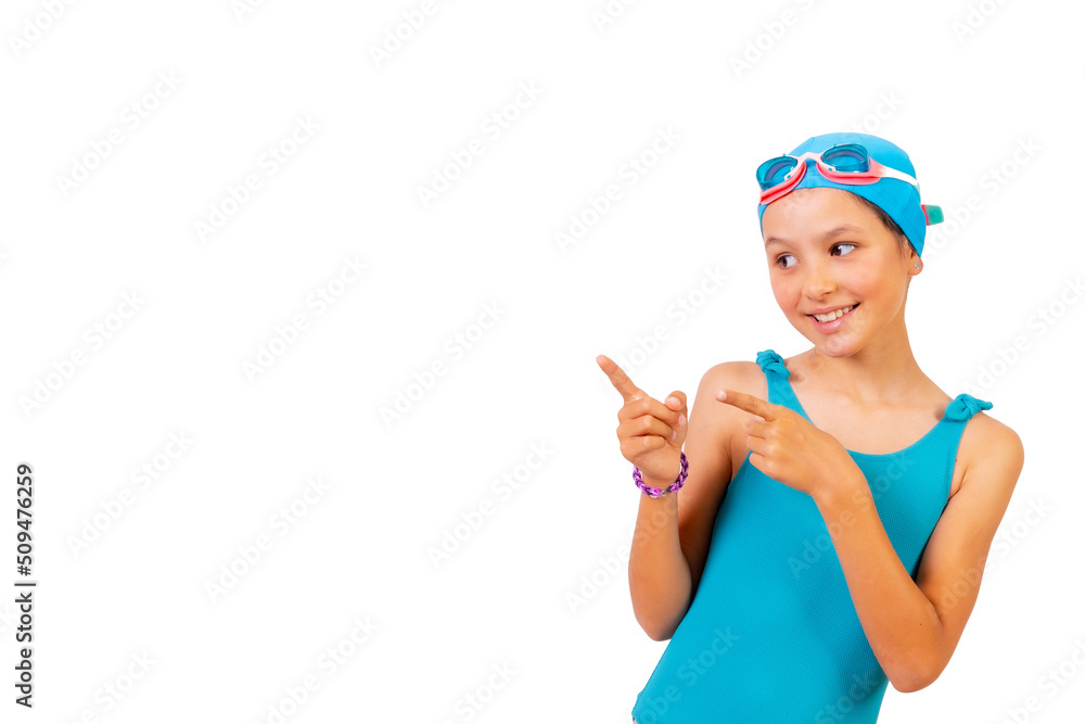 Girl with swimsuit and diving goggles, swimming lessons in the pool, pointing to the left. white background with copy space Girl with swimsuit and diving goggles, swimming lessons in the pool, pointing to the left. white background with copy space