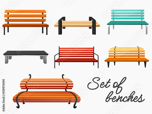 Tela Set of benches of different colors. Modern benches