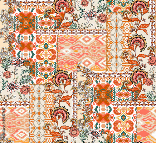 patchwork floral pattern with paisley and indian flower motifs. damask style pattern for textil and decoration