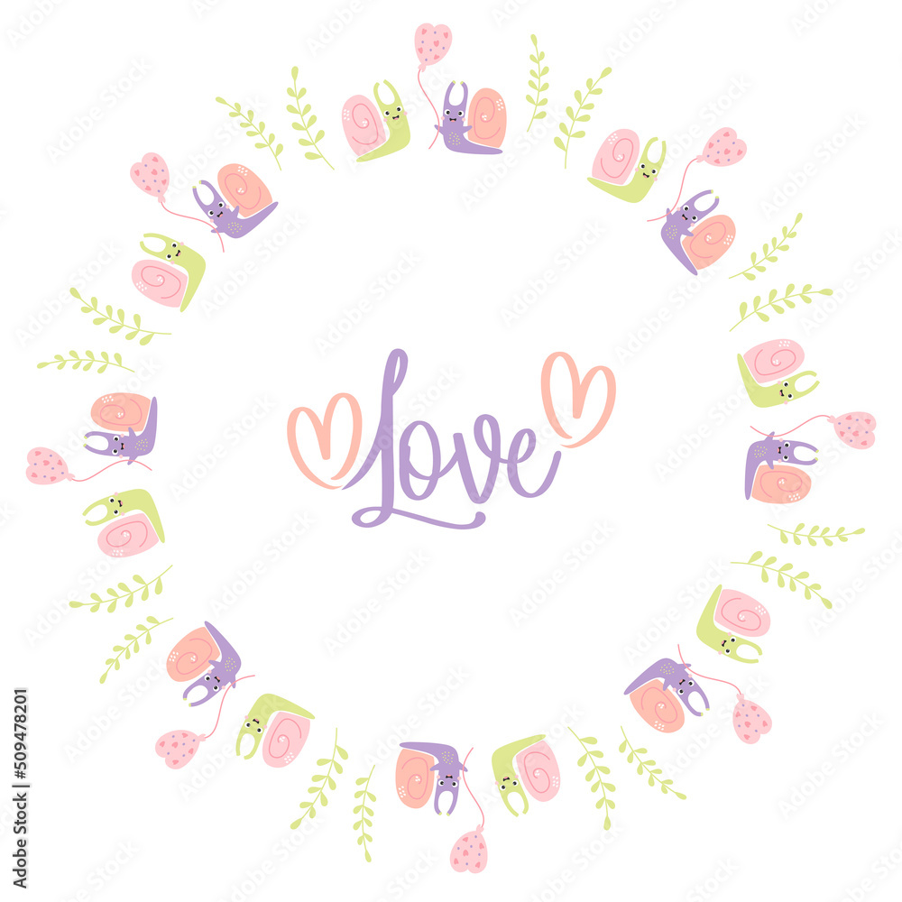 Round frame with cute pair of snails in love and slogan - Love. Vector illustration. Valentine postcard, napkin, round card, for print, decor and design. Round frame with cute pair of snails in love and slogan - Love. Vector illustration. Valentine postcard, napkin, round card, for print, decor and design.
