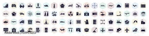 transportation filled icons set. glyph icons such as or up, all terrain, do not enter, hyperloop, monorail, kick, tow, campsite, brake pedal icon.