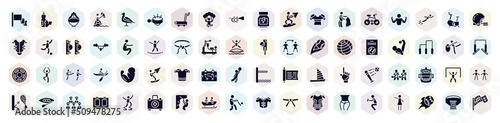 sports filled icons set. glyph icons such as red flag, asian hat, skydiving, bullfight, squat, muscular, t-shirts, goalie, batter icon.