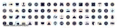 indications filled icons set. glyph icons such as motorbike riding, delicate washcycle, walking up stair, dry in shade, pool depth, restaurant, swings, throw to the bin, inmigration check point,