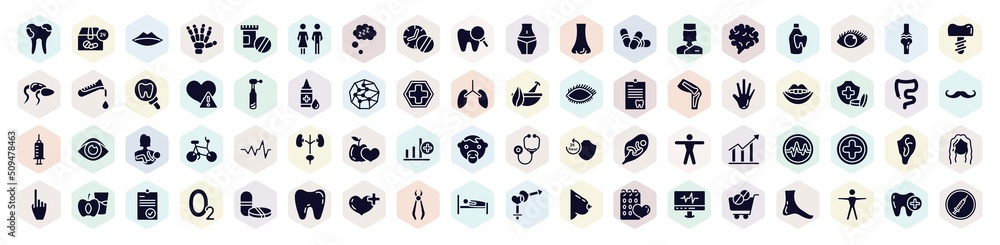 medicine and health filled icons set. glyph icons such as dental caries, thin lips, medicines time, medical doctor specialist, dentists drill tool, smiling mouth showing teeth, healthy food for medicine and health filled icons set. glyph icons such as dental caries, thin lips, medicines time, medical doctor specialist, dentists drill tool, smiling mouth showing teeth, healthy food for