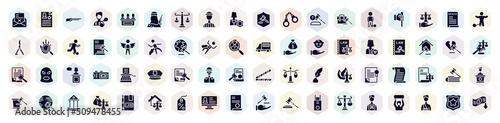 law and justice filled icons set. glyph icons such as crime letter, shotgun, prisioner, employment, innocent, constitutional law, legal paper, employment law, contract icon. photo