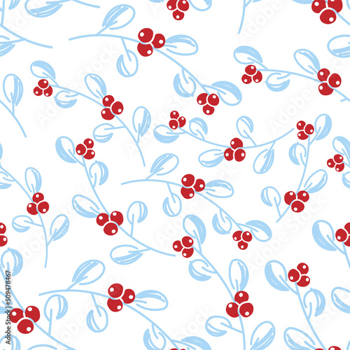 Vector. Merry Christmas, Happy New Year seamless pattern with mistletoe leaves, berries, holly branches. Seamless winter background. Design for wrapping paper, greeting cards, textiles, branding.