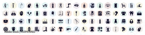 blood donation filled icons set. glyph icons such as fireman, medical clamp, tooth pliers, drop medicine, vial, hearing, hydratation, baby bib, chopper icon.