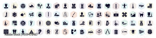 body parts filled icons set. glyph icons such as canine, radioactive danger, nurses, medicine for heart, kettlebell, band aid forming a cross mark, heart beats, medicine pills container, bad breath,