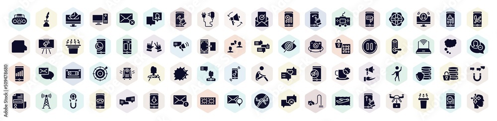 mobile functions filled icons set. glyph icons such as tape player, elections, phone charger, console, themes, door lock, shout, encrypt, addressee icon. - obrazy, fototapety, plakaty 