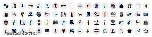 carpentry filled icons set. glyph icons such as oil gauge, tailor, hacksaw, car key, applique, ammeter, green power, spray paint gun, sculptor icon.
