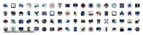 computer and media filled icons set. glyph icons such as internet connection speed, server with the earth, funnel chart, cookies, synchronized devices, number 3 key on keyboard, phone in a hand,