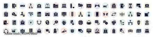 online learning filled icons set. glyph icons such as appointment book, handheld console, binary code, edit text, spreedsheet, cyber security, science research, stalk, cooker icon.