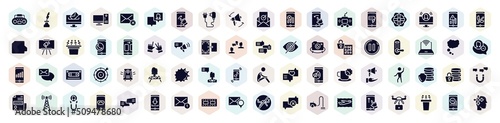 mobile functions filled icons set. glyph icons such as tape player, elections, phone charger, console, themes, door lock, shout, encrypt, addressee icon. photo