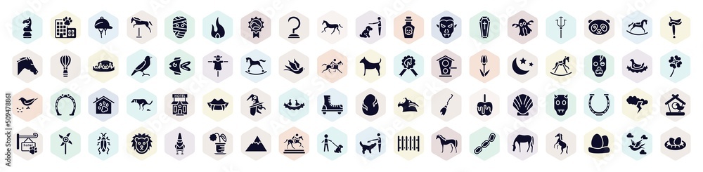 birds pack filled icons set. glyph icons such as horse head chess piece, hat for a jockey, hook, coffin, fish, horse rocker black, witch, cloud and lightnings, dog with owner icon. birds pack filled icons set. glyph icons such as horse head chess piece, hat for a jockey, hook, coffin, fish, horse rocker black, witch, cloud and lightnings, dog with owner icon.