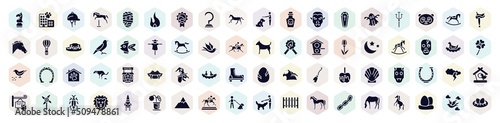 birds pack filled icons set. glyph icons such as horse head chess piece, hat for a jockey, hook, coffin, fish, horse rocker black, witch, cloud and lightnings, dog with owner icon.
