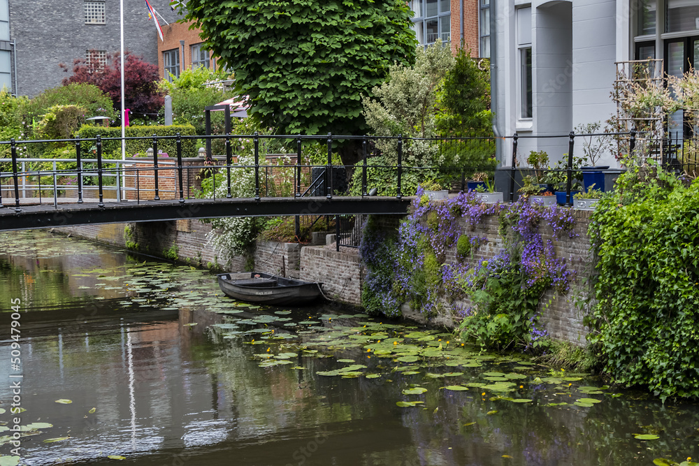 Picturesque embankment of the Canal in the Dutch City of Amersfoort. Amersfoort is a beautiful city in the Utrecht province of the Netherlands.