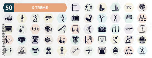 x treme filled icons set. glyph icons such as diving board, zorbing, catcher, race flag, hockey helmet, gym bars, champ, goalie, blobbing, kayaking icon.