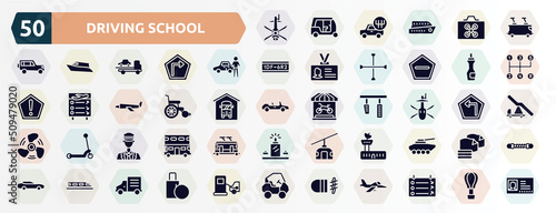 driving school filled icons set. glyph icons such as helicopter black shape top view, tramway, authorized dealer, insect repellent, wheel chair, military helicopter bottom view, ticket collector,