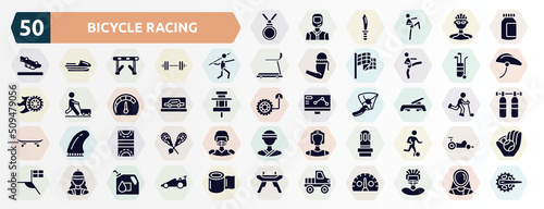 bicycle racing filled icons set. glyph icons such as nobel prize, energy bar, javelin, golf caddy, backup car, fitness step, hockey pitch, led strobe, horsewoman, off road icon.