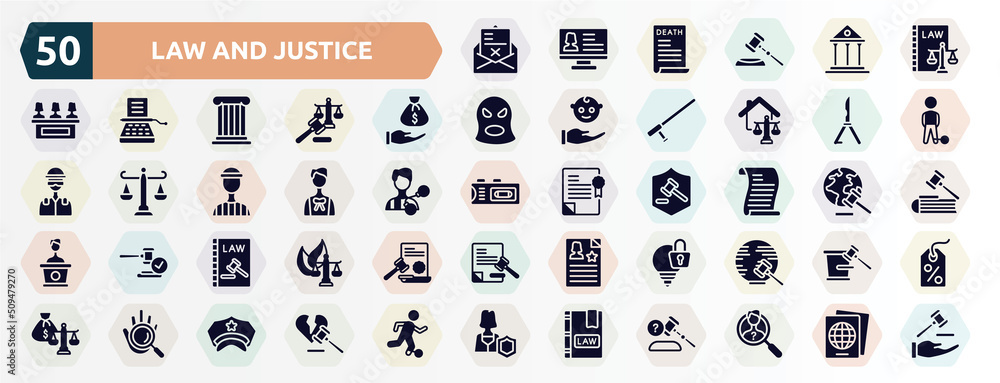 law and justice filled icons set. glyph icons such as crime letter, labour and social law, bribery, butterfly knife, advocate, scroll with law, constitutional intellectual property, evidence, book