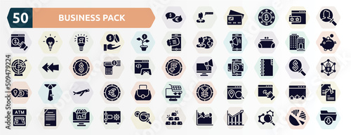 business pack filled icons set. glyph icons such as talking about money, person search, money flower, federal bank, account balance, big portfolio, inclined airplane, place optimizer, content