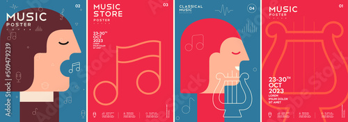 Music poster. Singer. Classical music. Harp. A set of vector illustrations. Minimalistic design. Cover, print, banner, flyer.