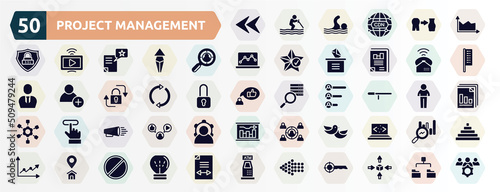 project management filled icons set. glyph icons such as left arrow head, area chart, headhunting, ringing, arrow circle, baton stick, product promotion, love bird, home address, left dots arrow