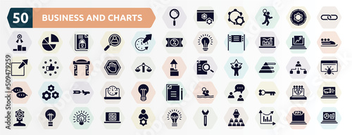 business and charts filled icons set. glyph icons such as magnifier tool, link, time out, trending, ad blocker, pyramid stats, aerial advertising, buzz, black lightbulb, key tool icon.