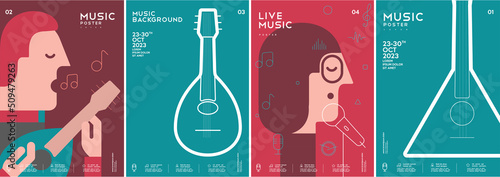 Music poster. Mandolin. Balalaika. The girl sings. A set of vector illustrations. Minimalistic design. Cover, print, banner, flyer.