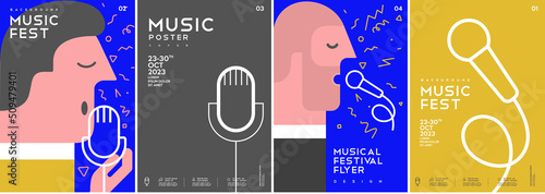 Music poster. A man sings a microphone. A set of vector illustrations. Minimalistic design. Cover, print, banner, flyer.