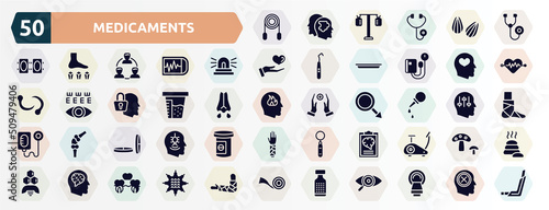 medicaments filled icons set. glyph icons such as jumping rope, phonendoscope, ambulance lights, mental health, urine test, pear enema, lozenge, mental checklist, neurology, homeopathy icon.