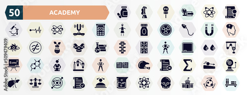 academy filled icons set. glyph icons such as medicines, degree, scientific calculator, magnetism, scholarship, drawing board, pregnancy, failed, libra, protons icon.
