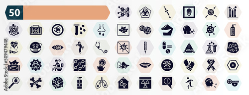 filled icons set. glyph icons such as allergy, graph, rhinitis, flu, difficulty breathing, virus warning, diarrhea, 2019-ncov, bone, hazmat icon.