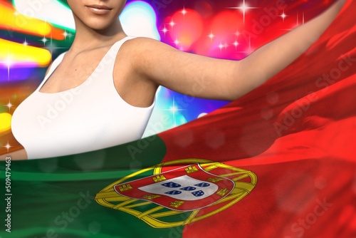 young woman holds Portugal flag in front on the party lights - flag concept 3d illustration