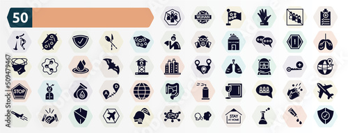 filled icons set. glyph icons such as avoid crowds, medical report, cell, attention, bat, safety suit, blood test, tableware, handshake, virus transmission icon.