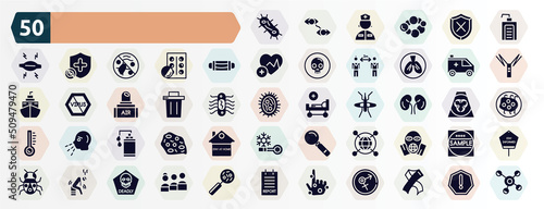 filled icons set. glyph icons such as bacterium, hand soap, sterile mask, ambulance, garbage, kidney, hand sanitizer, spreading, weak, rash icon.
