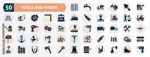 tools and hinery filled icons set. glyph icons such as tiremark, trolley with cargo, derrick with box, big derrick with boxes, cogwheel hand drawn tool, truck freight, paint airbrush, paper cutter,