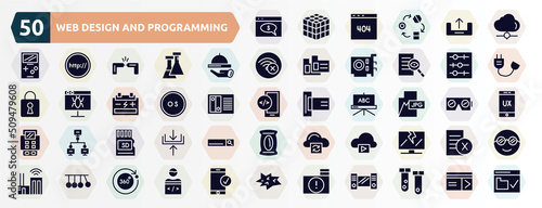 web design and programming filled icons set. glyph icons such as web payment, cloud network, hotel service, tuning, operating system, jpg, micro card, storage media, newton cradle, infected folder