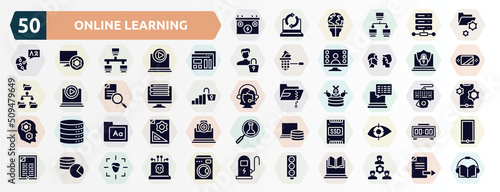 online learning filled icons set. glyph icons such as power source, folder management, mockup de, internet security, online library, subtitles, fonts, ssd, database usage, circuit board icon.