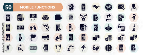 mobile functions filled icons set. glyph icons such as introvert, journalist, raw file, gif, street map, bot, thought bubble, love message, lonely, shy icon.